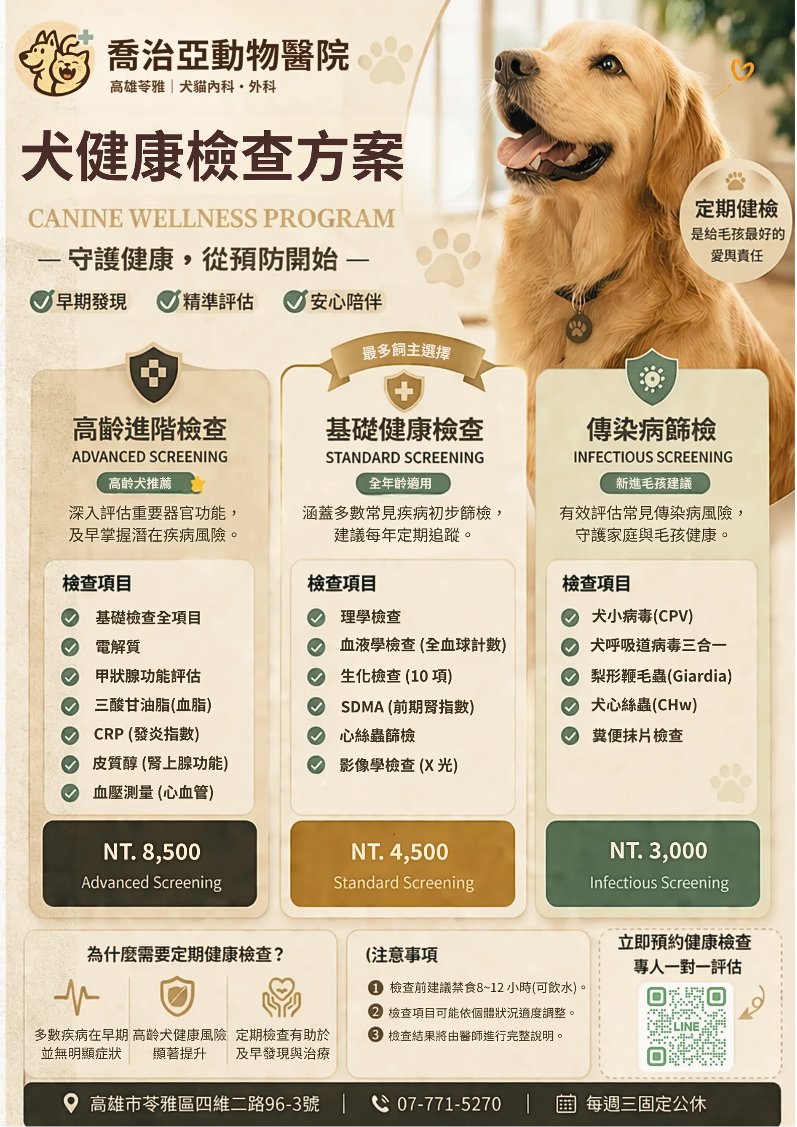 台灣寵物醫院犬健康檢查海報,金毛犬微笑坐在右側,主題為犬健康檢查方案,列有進階、基礎、傳染病篩檢與價格、LINE QR碼。